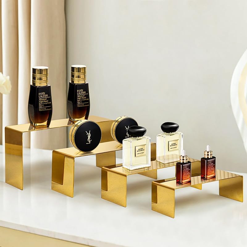 4 Pcs Gold Stainless Steel Display Risers, Display Stand for Cupcake Dessert Perfume Purse Handbag Shoe Jewelry and Funko Pop