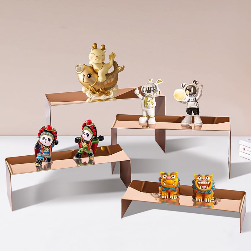 4 Pcs Stainless Steel Display Risers, Display Stand for Cupcake Dessert Perfume Purse Handbag Shoe and Funko Pop, Rose Gold