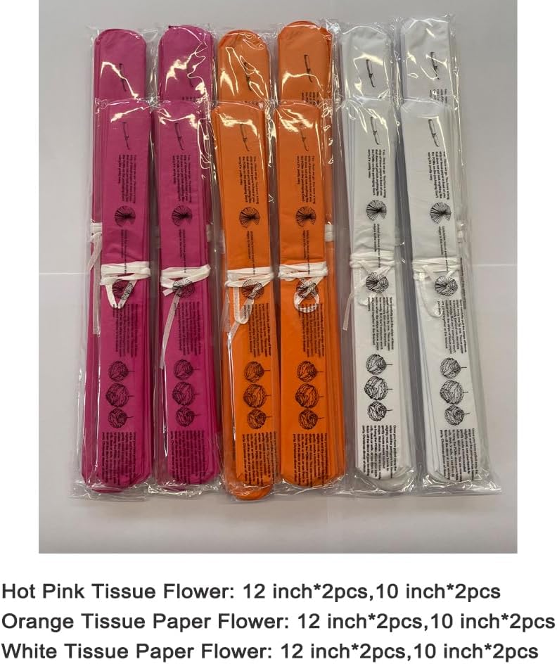 Hot Pink Orange and White Paper Flower Tissue Pom Poms for Fall Autumn Thank's Giving Baby Shower Graduation Birthday Theme Party, 12pc