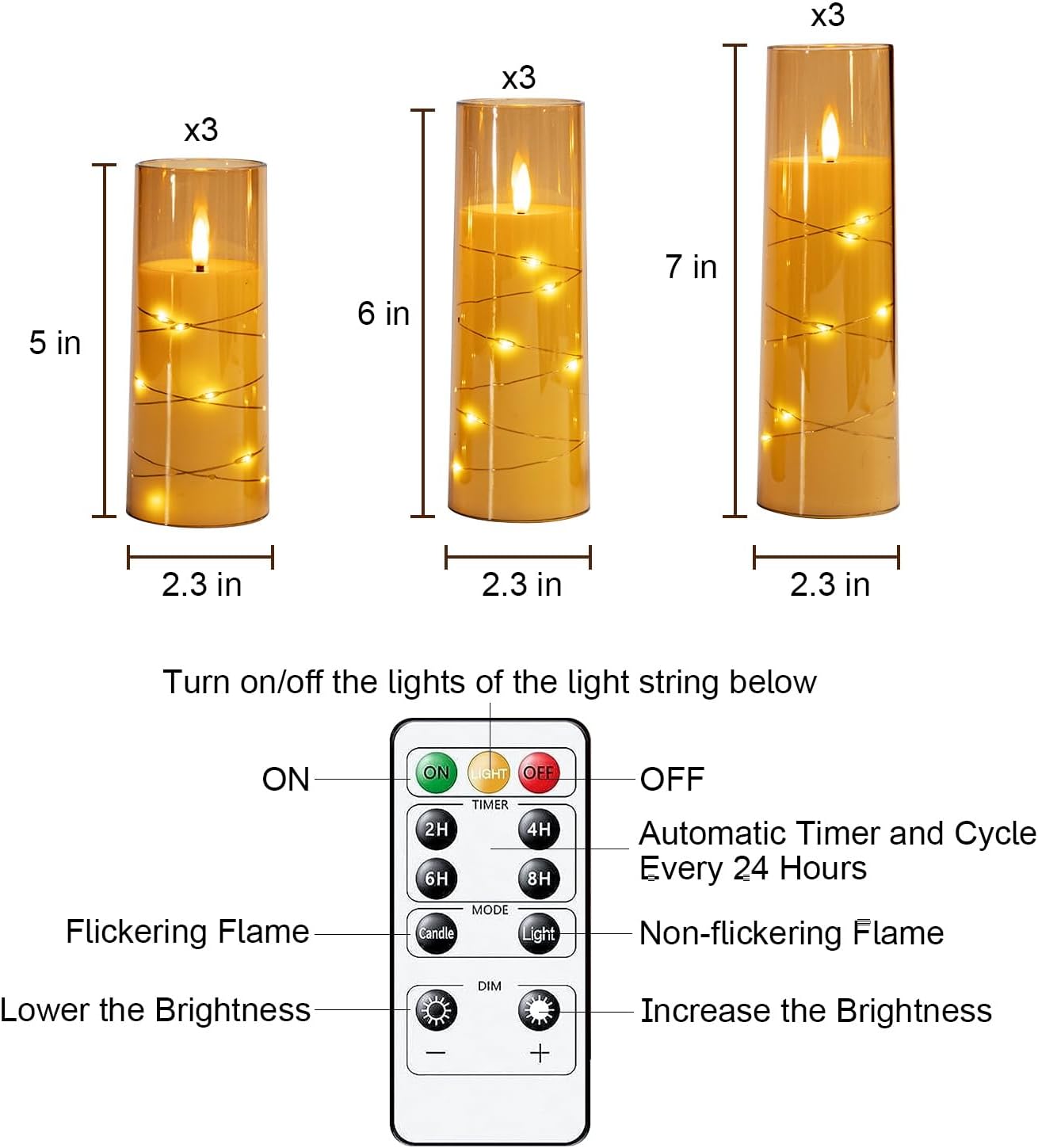 Raycare Flameless Candle with Remote Timer – 9 Flickering Acrylic Battery Operated LED Pillar Candles with Embedded Star String for Halloween, Home Decor, and as a Gift(Glod)