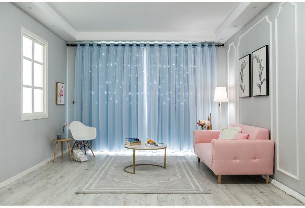 FANLI 2 Panels Star Blackout Curtains for Kid Girls Bedroom Living Room Darking Stripe Double Layer Star Cut Out Wall Home Decor Gradient Grommet Window Curtains (Blue 63L)