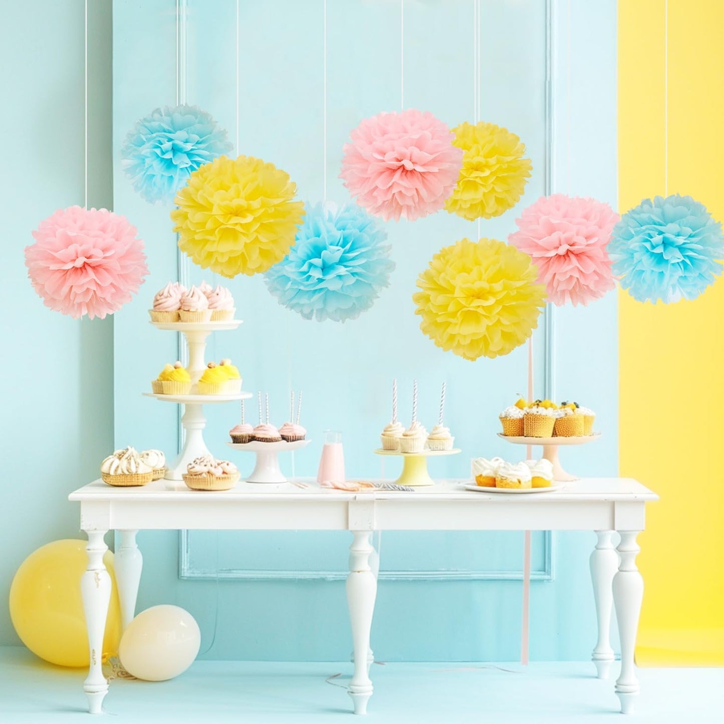 WEVEN Tissue Pom Poms Tissue Paper Flowers Tissue Fluff Balls Party Decorations 12-Inch Pack of 12 (Pink, Blue, Yellow)