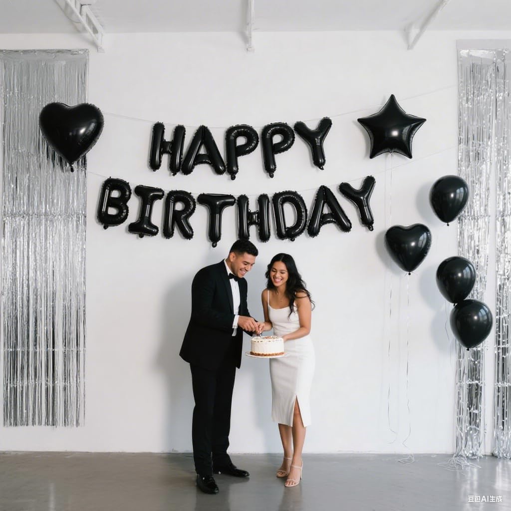 29 Pcs Black Silver Birthday Party Decorations - Happy Birthday Balloons Banner, Heart & Star Foil Balloons, Confetti & Latex Balloons, Foil Fringe Curtains Party Supplies for Men