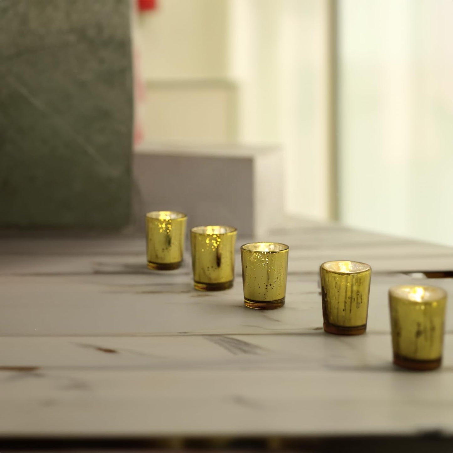 WGV Gold Speckled Tea Light Votive Candle Holder 2.2x2.75, Small Tiny Utility Cylinder Mercury Glass Vase, Home Accent Decor, 6 Pieces