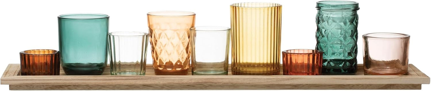 Creative Co-Op Round Glass Votive Holders on Wood Tray, Yellows & Greens, Set of 9
