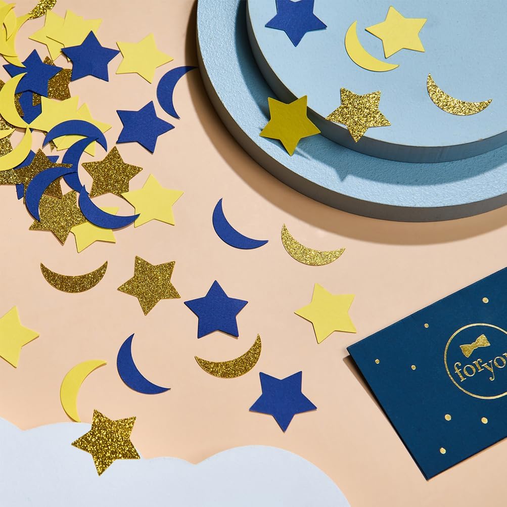 Gold Blue and Yellow Star and Moon Confetti Table Decoration for Graduation Retirement Eid Ramadan Baby Shower Birthday Wedding Theme Party,1.2 inch in Diameter,200 Counts