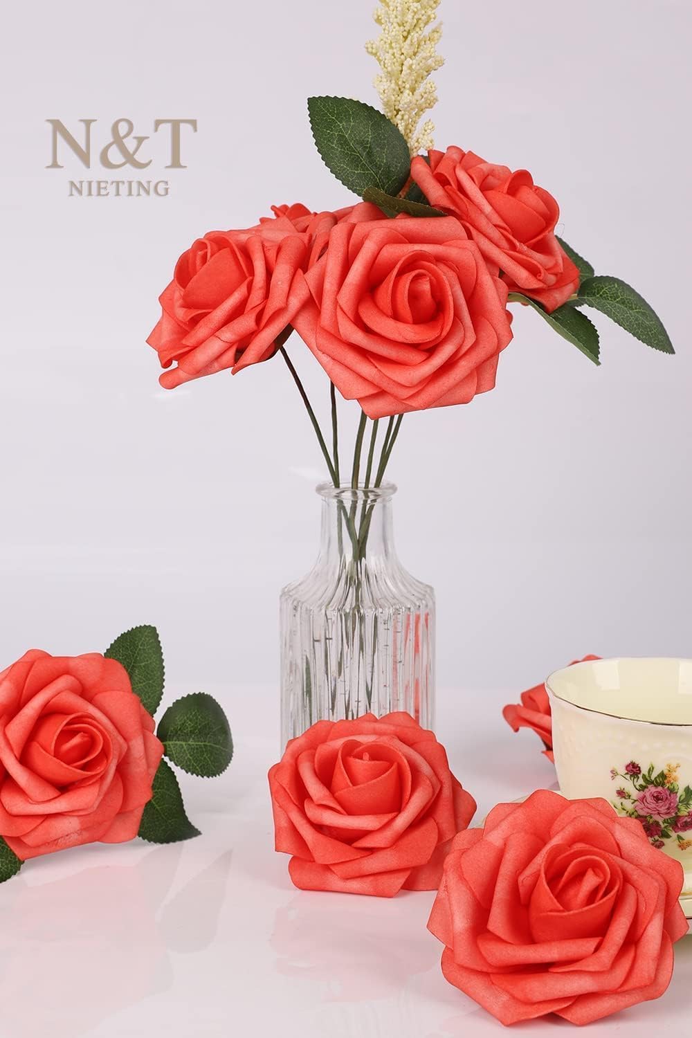N&T NIETING Artificial Flowers 25pcs Real Looking Coral Foam Fake Roses with Stems for DIY Wedding Bouquets Bridal Shower Centerpieces Floral Arrangements Party Tables Home Decorations