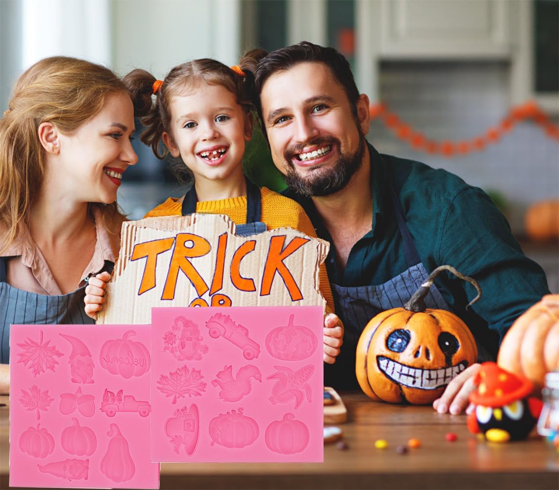 Thanksgiving Day Fondant Mold Halloween Fall Leaf Pumpkin Chocolate Candy Fondant Silicone Mold,DIY Cookies Candy Gummy Chocolate Mold Ice Cream Tray for Holiday Party Thanksgiving Day 2Pcs