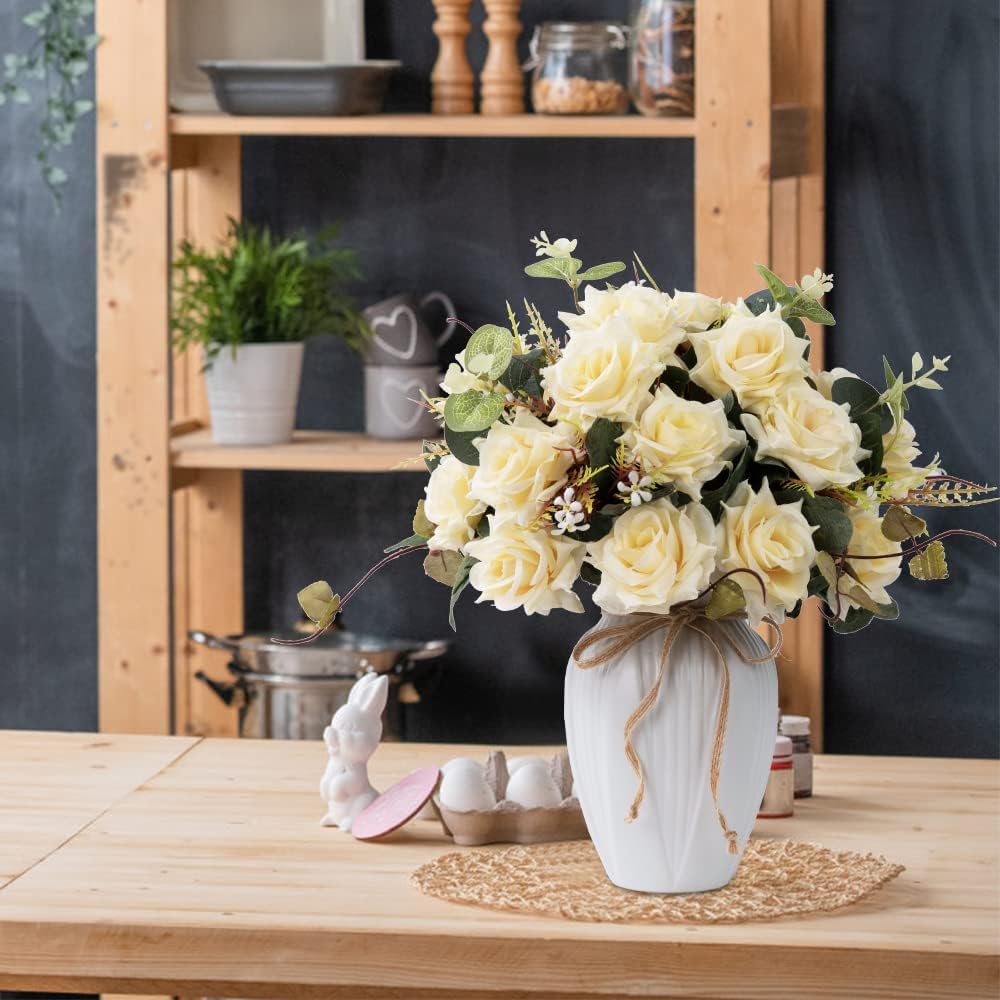 LESING Artificial Rose with Vase,Fake Silk Flowers Bouquets in Vase Table Centerpiece Arrangement for Kitchen Living Room (Champange)