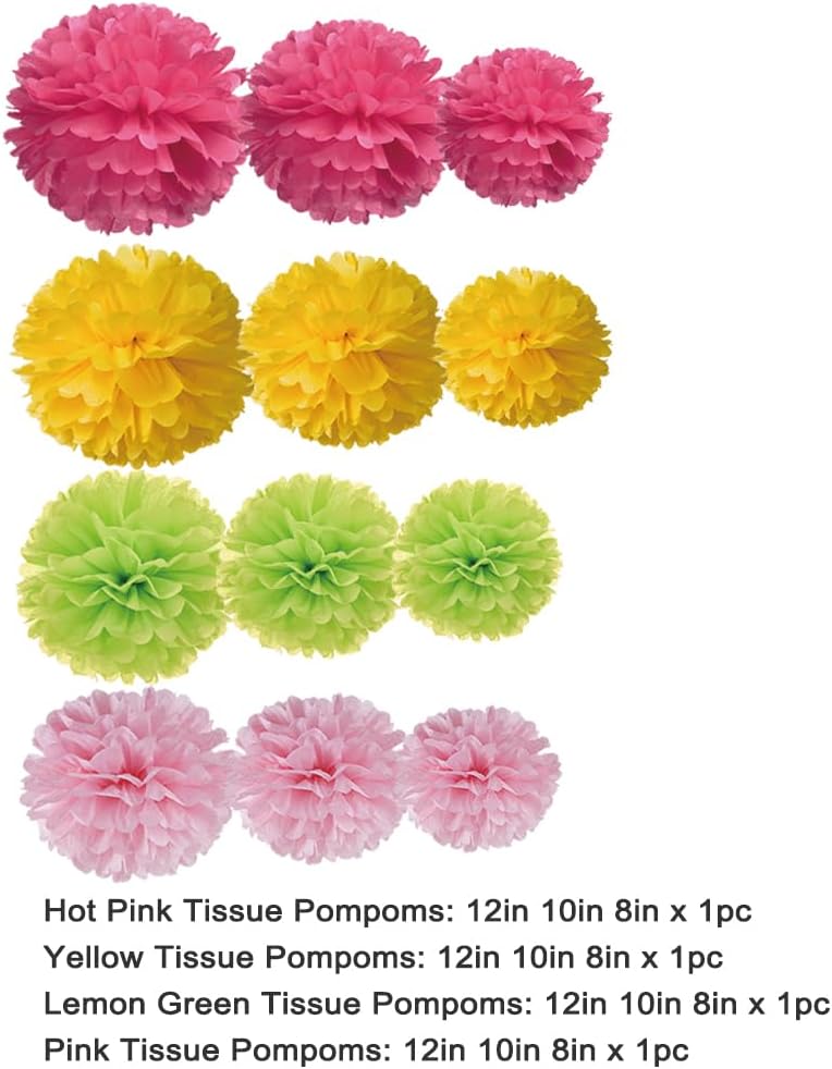 Hot Pink Yellow and Green Tissue Paper Pom Poms Flower for Baby Shower Spring Summer Jungle Birthday Wedding Groovy Theme Party Decoration, 12pc