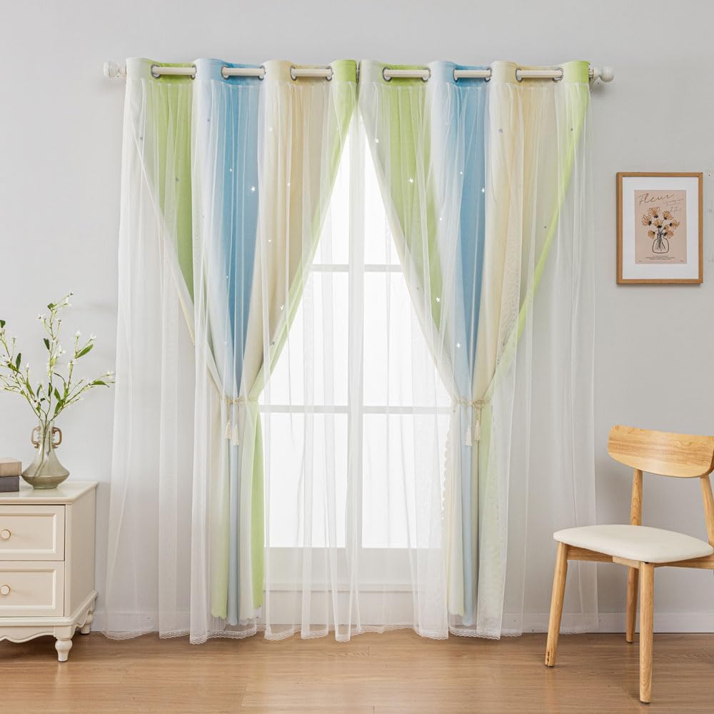 FANLI Ombre Rainbow Blackout Curtains for Kid Girls Bedroom Living Room Darking Stripe Double Layer Star Cut Out Wall Home Decor Gradient Grommet Window Curtains (Blue Green 52Wx63L)