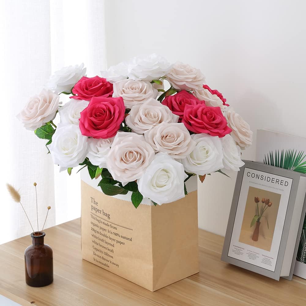 Artificial Rose 10pcs Open Flower Bouquet Faux Rose Stems for Wedding Arrangement, Bridal Bouquet, Centerpiece, Fake Faux Silk Flowers (Hot Pink)