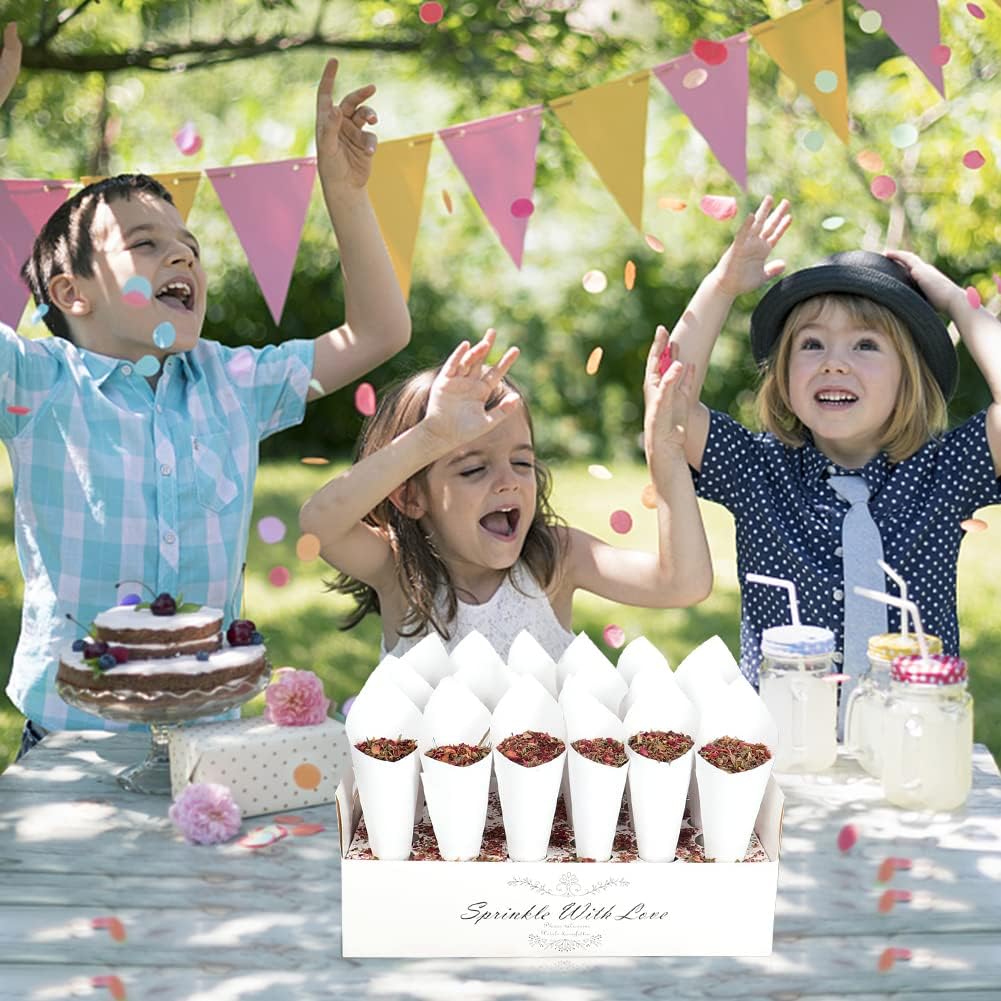30 Pieces biodegradable confetti Cones and Stand Tray Paper Cone Box 30 Holes Suitable Placing Dried Flower Petals Confetti for Wedding, Engagement, Party, Birthday (White)