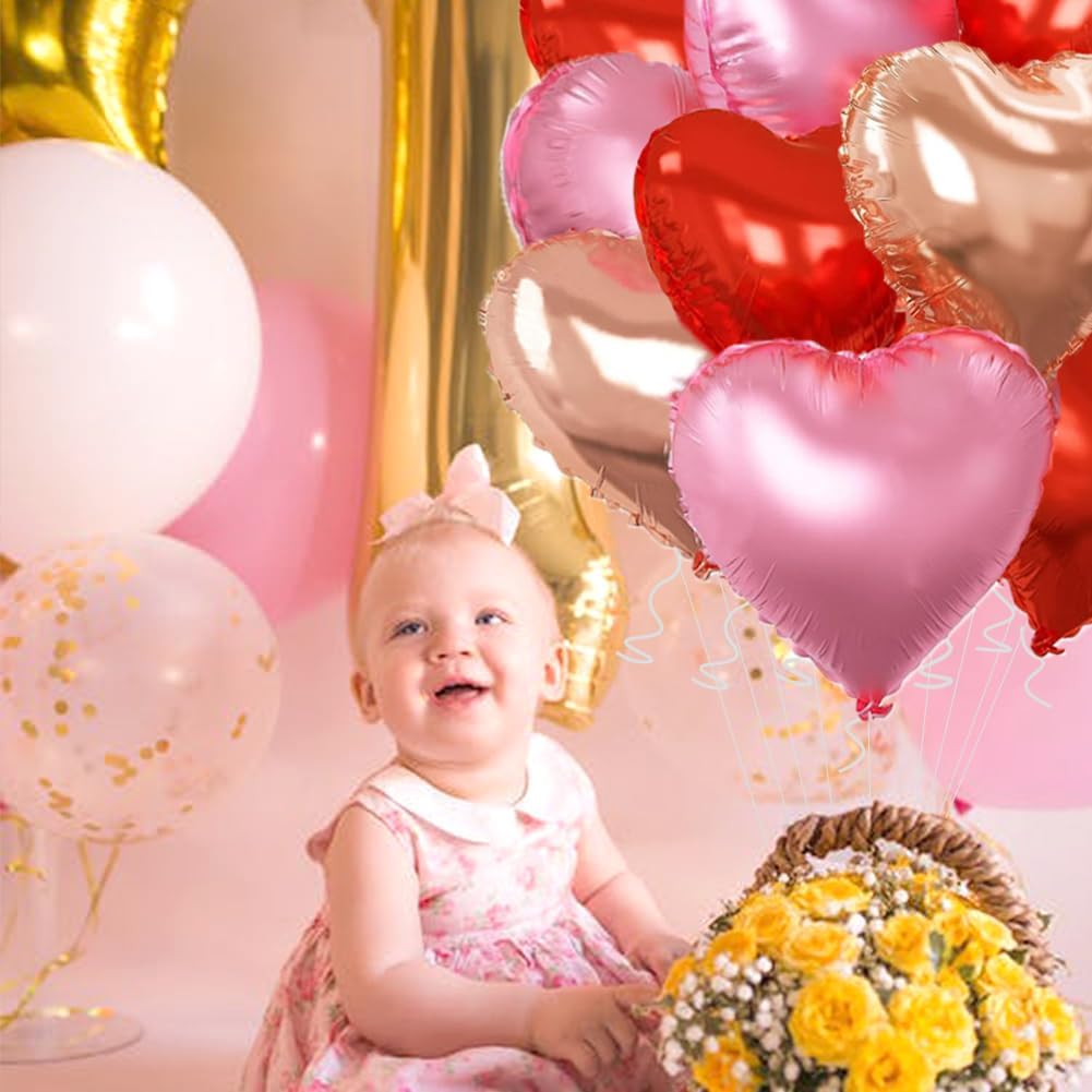 Rose Gold & Red Heart Balloons,18 Inch Light Pink Foil Love Heart Shaped Balloons for Anniversary Wedding Engagement Birthday Party Baby Shower Valentines Decorations(12Pcs)