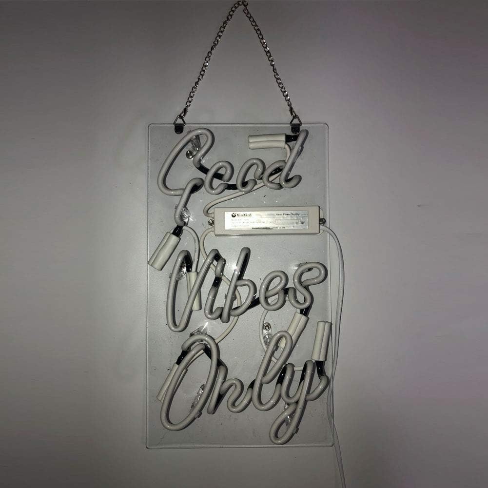 LiQi ™ GOOD VIBES ONLY Real Glass Handmade Neon Wall Signs for Home Decor Wall Light Room Decor Home Bedroom Girls Pub Hotel Beach Cocktail Recreational wedding vibes signs (14" x 8",Purple)