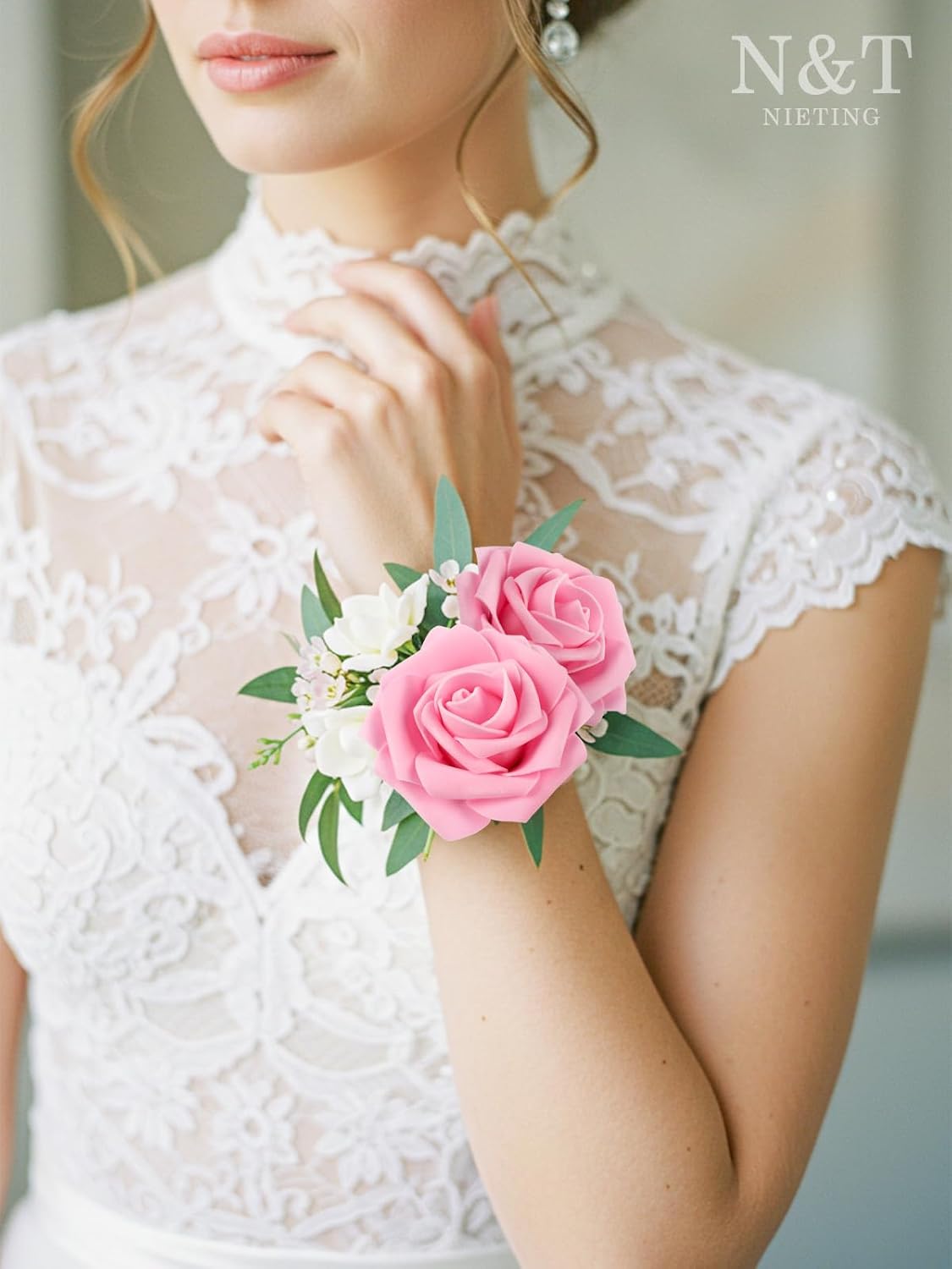 N&T NIETING Artificial Flowers Pink Roses, 25Pcs Fake Flowers Foam Roses with Stems for DIY Wedding Bridesmaid Bridal Bouquets Centerpieces Party Home Decoration Baby Shower