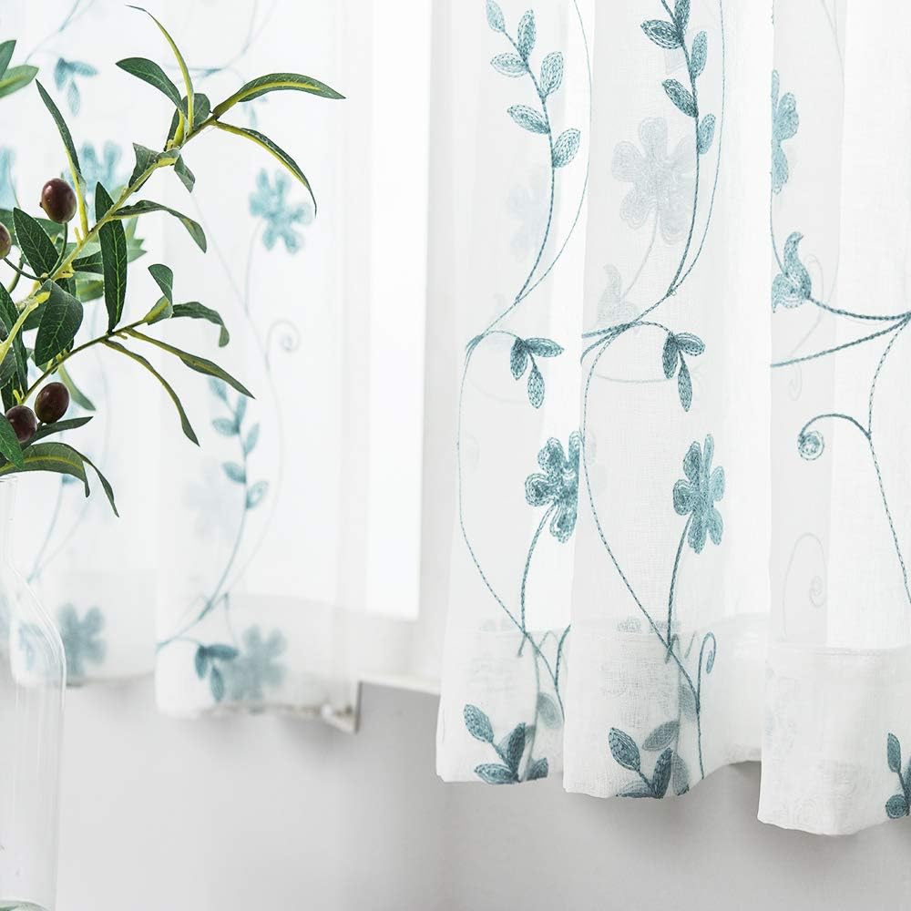 Blue Sheer Curtains 84 Inches Long, Floral Embroidered Rod Pocket Sheer Drapes for Living Room, Bedroom, 2 Panels, 52"x84", Semi Crinkle Voile Window Treatments for Yard, Patio, Villa, Parlor .