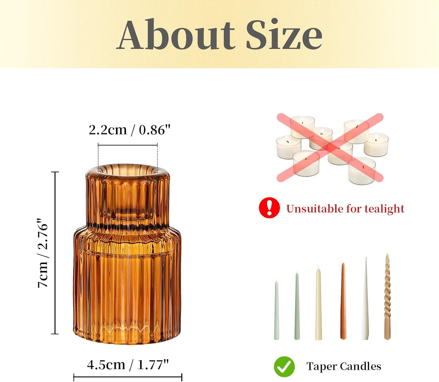 Hewory Glass Taper Candle Holders: 2PCS Amber Elegant Candle Holder Candlestick Holders Bulk, Ribbed Glass Candle Holder Candle Sticks Holder Decor for Table Centerpiece Fall Thanksgiving Home Decor