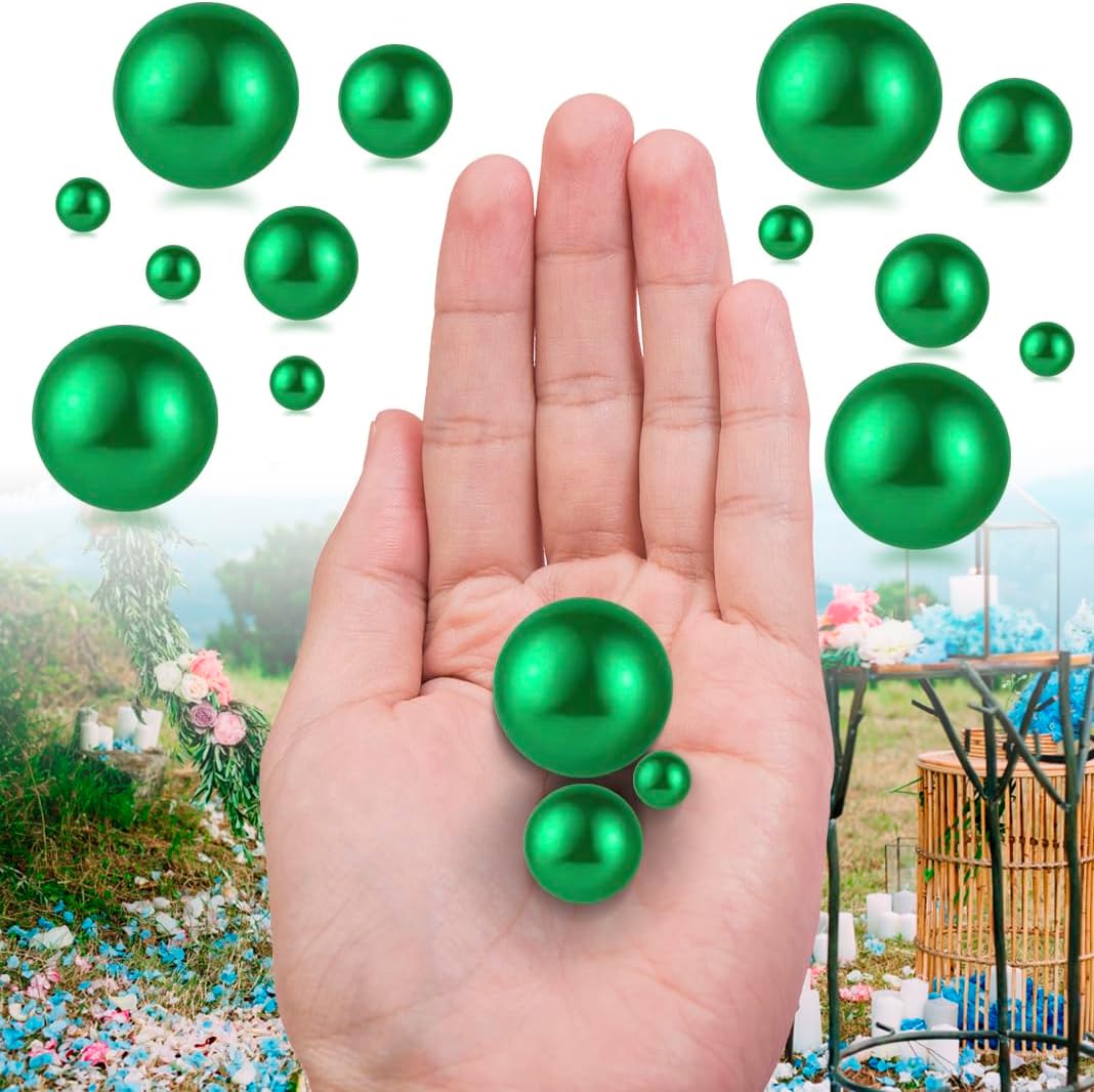150Pcs Green Polished No Hole Faux Pearl Beads for Vase Filling Decorations, Plastic Pearls Vase Fillers, Table Scatters, Wedding Centerpiece, Home Decor, 8/14/20 mm
