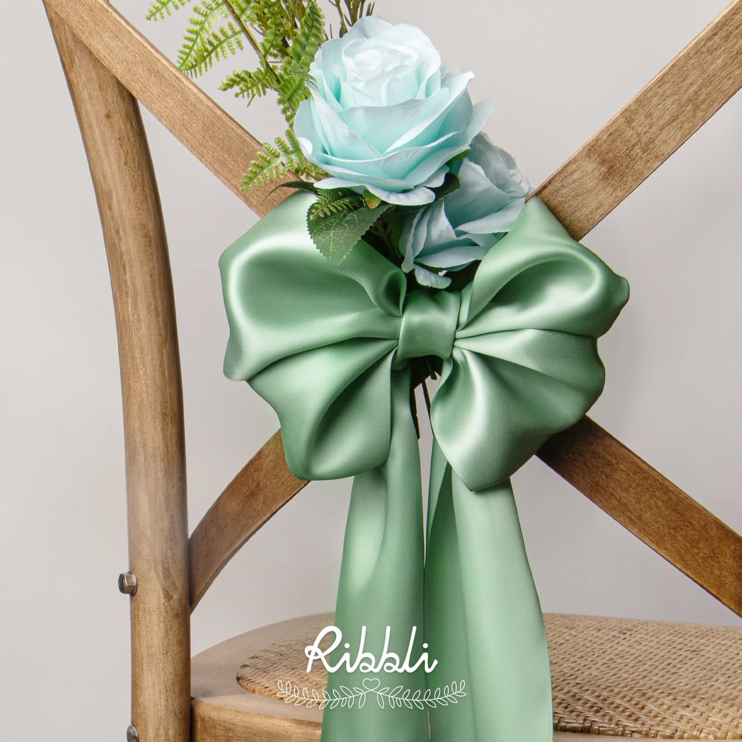 Ribbli Sage Green Satin Ribbon 4 Inch Wide Sage Ribbon for Wedding Chair Sash Grand Opening Ceremony Big Bows Gift Wrapping Floral Crafts Cake Decor-Double Faced Satin Continuous 10 Yards