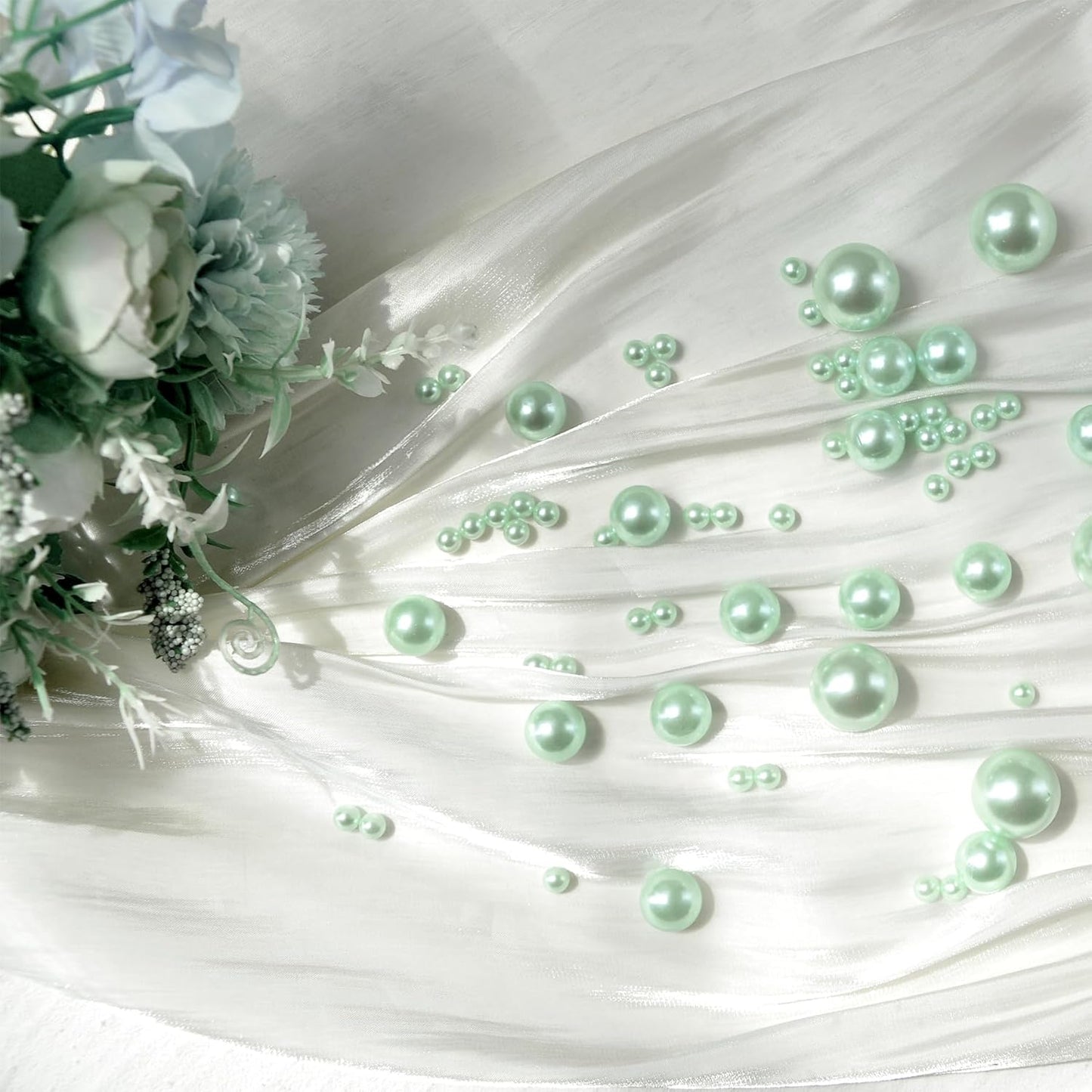 260Pcs LightGreen Glossy Beads for Centerpiece Decor, Artifical Pearls Vase Filler, Makeup Brush Beads, No Hole Round Pearl Beads for Wedding Birthday Christmas Party Home Decor(18mm 14mm 6mm)