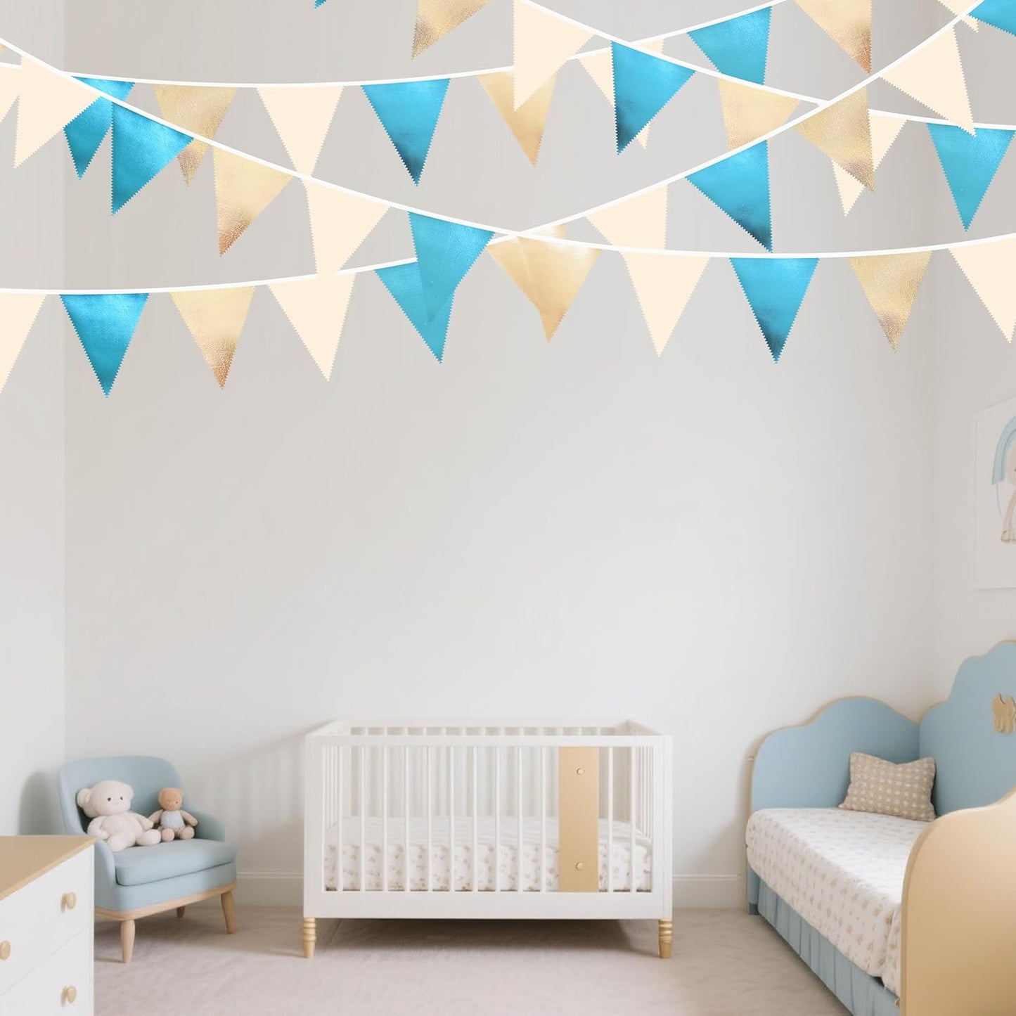 Champagne Gold Sky Blue Beige Decorations Metallic Fabric Triangle Pennant Banner Bunting Flag Garland for Birthday Baby Shower Engagement Wedding Graduation Bridal Shower Party Decorations Supplies