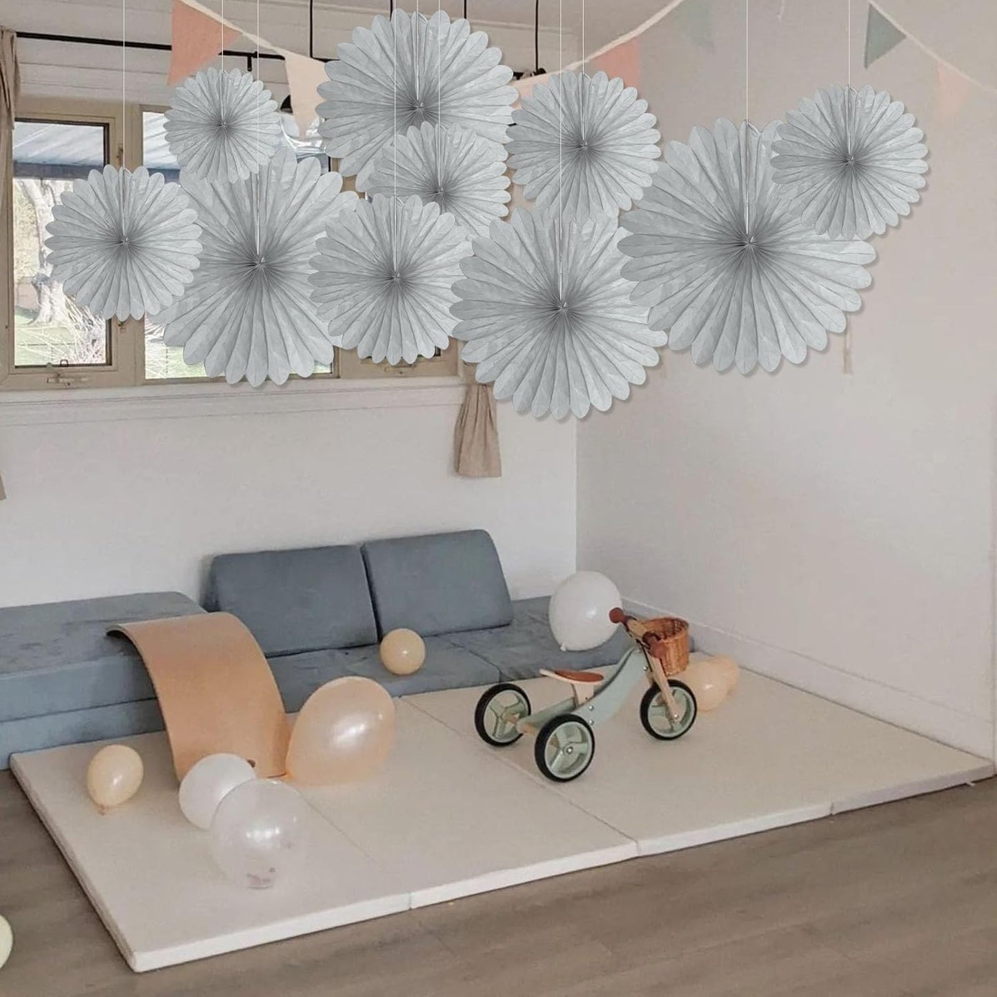 20 Pcs Silver Grey Hanging Paper Fan, Hanging Honeycomb Round Paper Fans for Weddings, Birthdays, Christmas, Baby Showers, Classroom, Events Ceiling Party Supplies Decorations