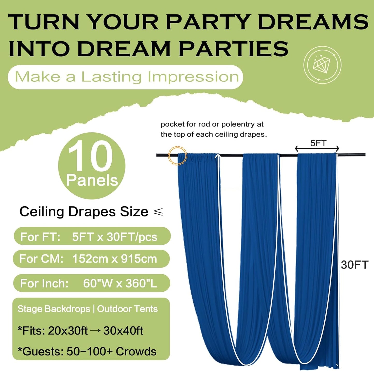 PartyVillage 10 Panels 5ftx30ft Royal Blue Ceiling Drapes for Wedding Parties – 30 FT Extra Long Thick Polyester Wrinkle-Free Drapery Tent Decor Decorations for Birthday Party Ceremony Stage Swag