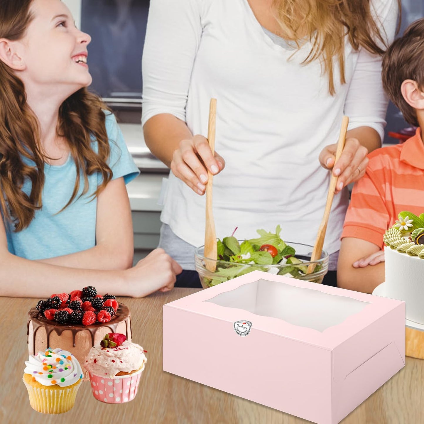 JCD 8 Packs Pink Bento Cake and Cupcake Box 1+8 Bento Box with Clear Window for 4-inch Cake and 8 Cupcakes Packaging Gift Baked Goods for Family Dinner Birthday Party Picnic Gift (Pink 1+8/8Pcs)