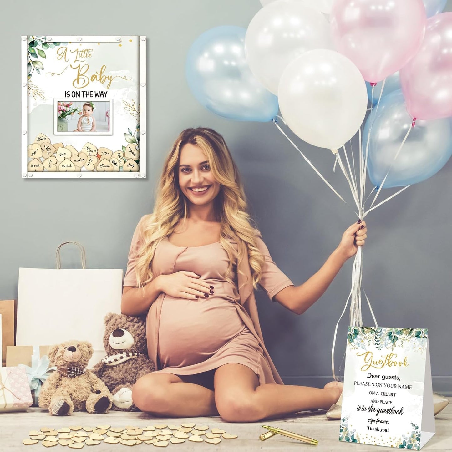 65 Pcs Greenery Baby Shower Guest Book Alternatives He or She Gender Reveal Decorations Sign in Guest Book with Picture Frame and 60 Wooden Chip a Little Baby is on The Way Decorations