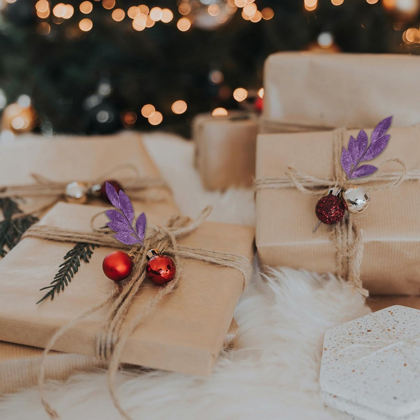 GREENTIME 12 Pack Artificial Purple Glitter Leaves 13" Fake Christmas Picks Decorative Glitter Sticks for Vase Christmas Tree DIY Wreath Crafts Fireplace Decor