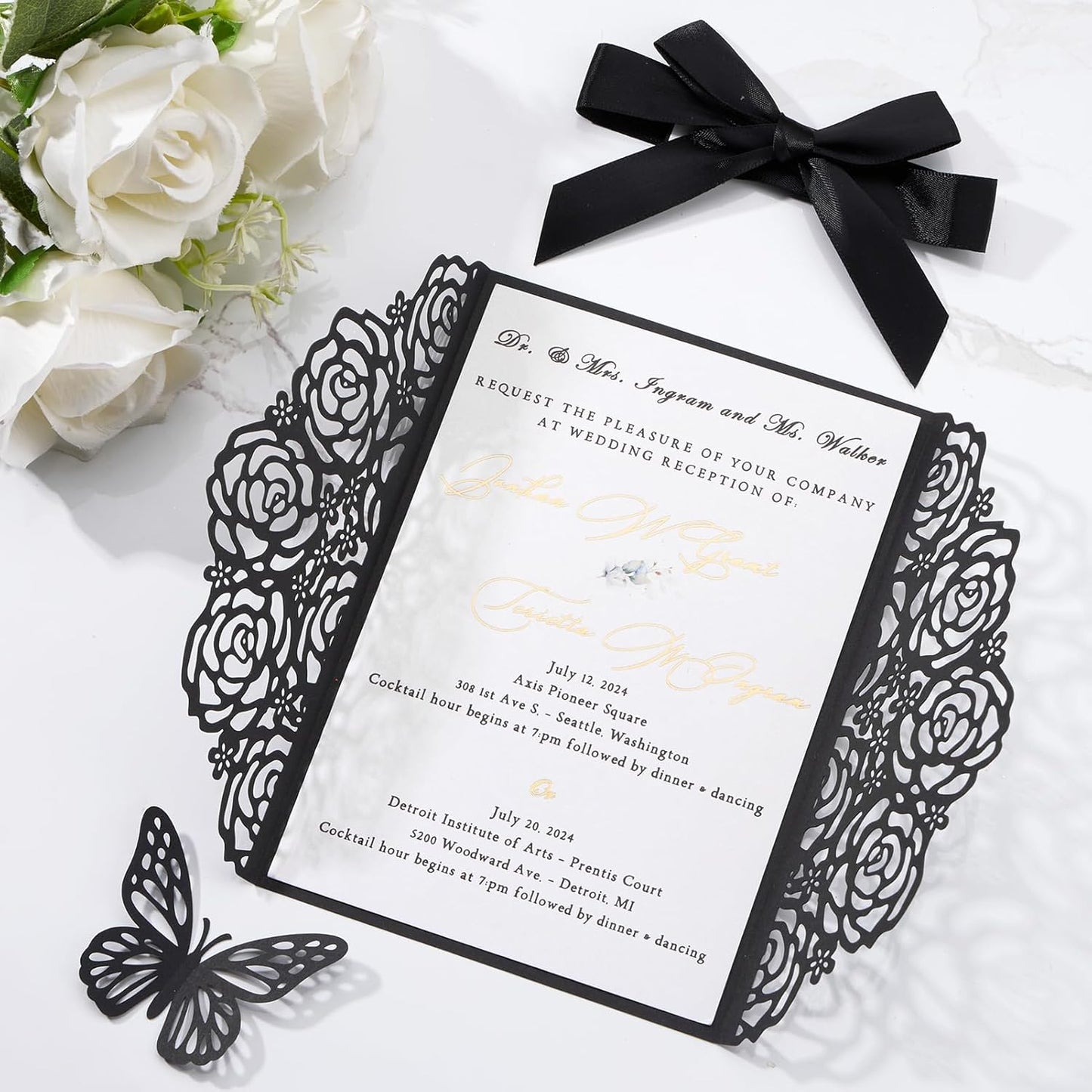 50pcs Black Wedding Invitation Kit Butterfly Laser Cut Invittations Pocket with Blank Inner Sheets and Envelopes for Wedding Anniversary Quinceañera Birthday Party Invites 4.9x7''