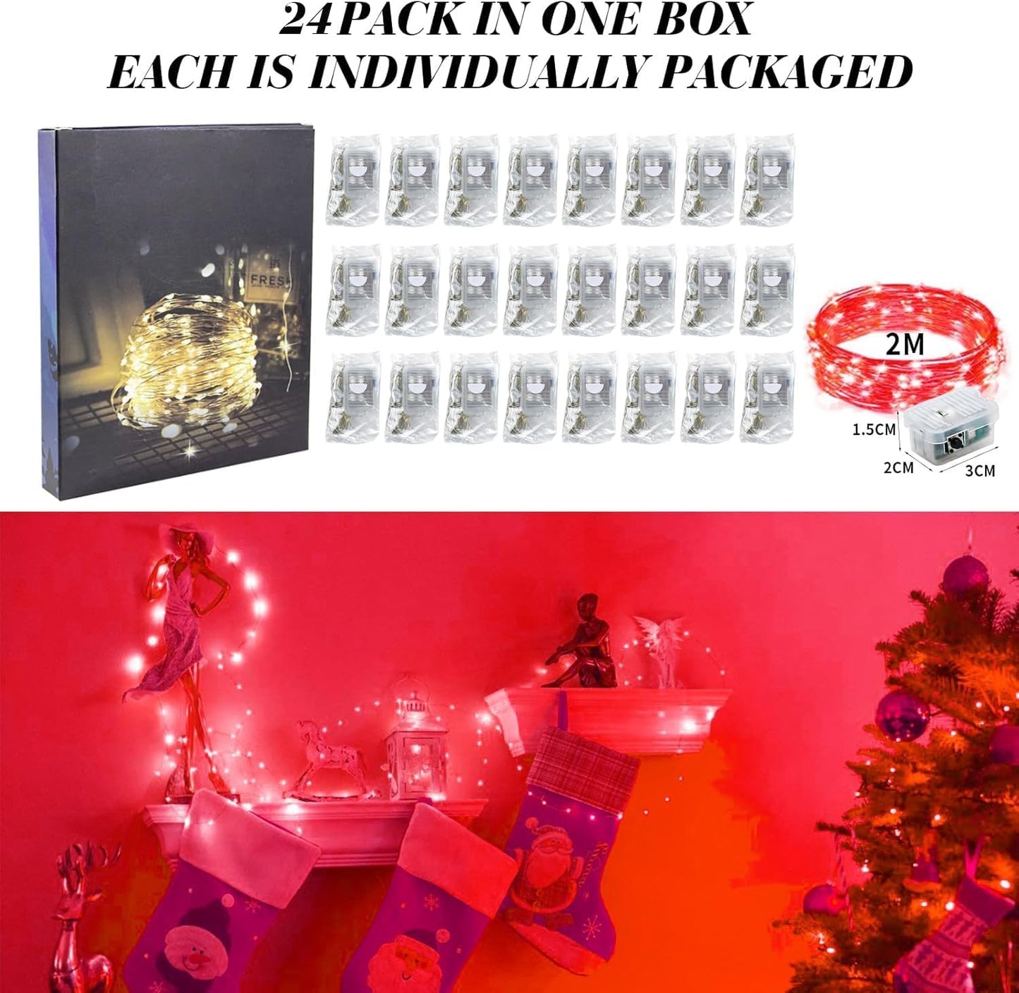 ZGWJ 24 Pack Fairy Lights Battery Operated, 7ft 20 Mini LED Fairy String Lights Silver Wire 3 Modes for DIY, Parties, Wedding, Bedroom, Halloween Christmas Decoration Red