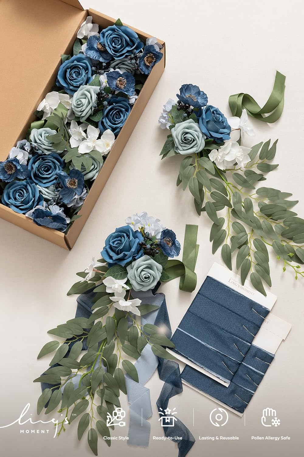 Ling's moment 8pcs Wedding Artificial Aisle Pew Flowers Chair Decorations Arrangements with Chiffon Ribbons Dusty Blue & Navy for Ceremony Chair Back Floral Decor Reception Church Party Outdoor