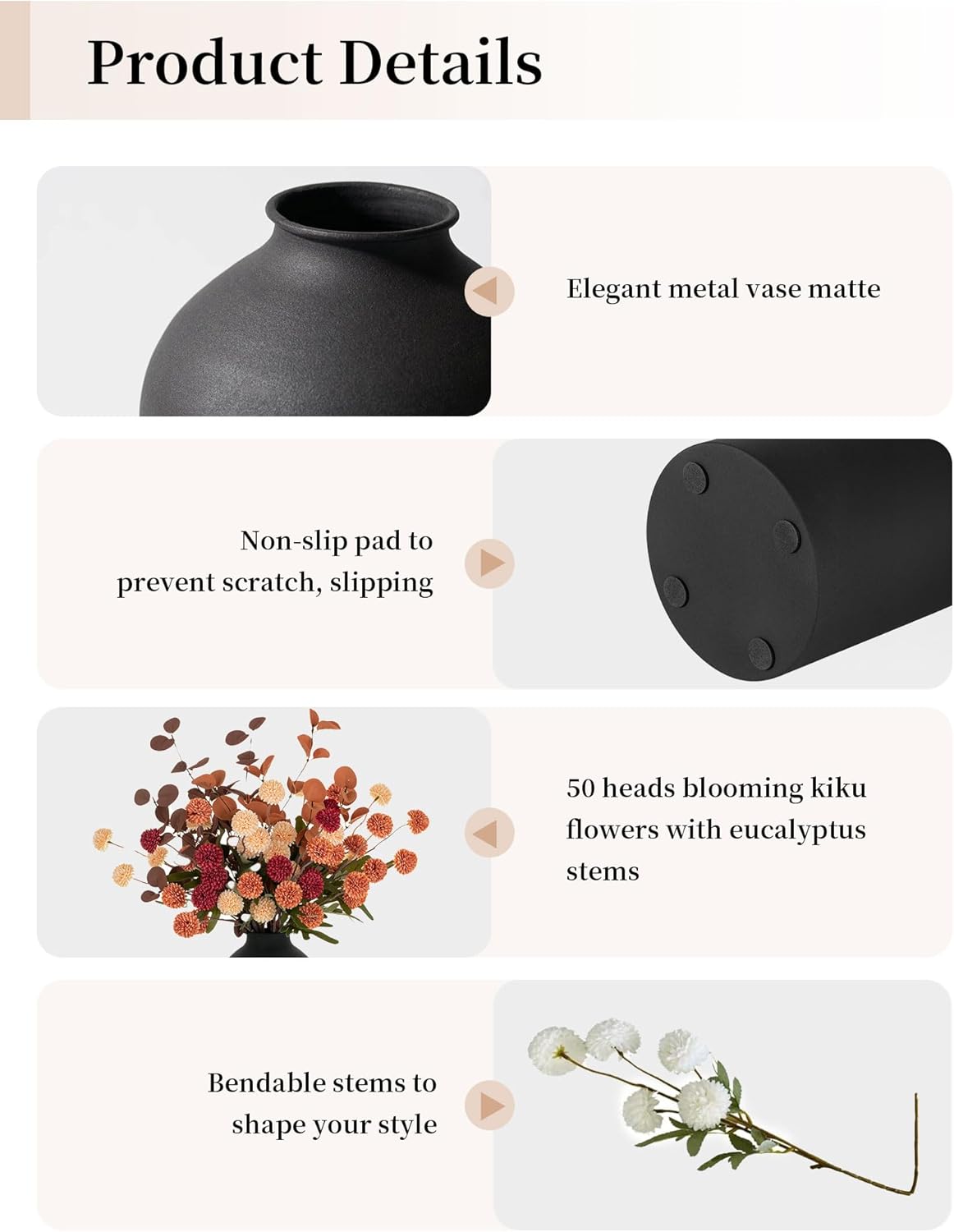 BLOSMON Fall Flowers in Vase for Centerpieces: Metal Vase with 12 Stems of Fake Mums Kiku Flowers Eucalyptuses Home Thanksgiving Table Decoration - Burnt Orange Artificial Pom Poms Floral Arrangement