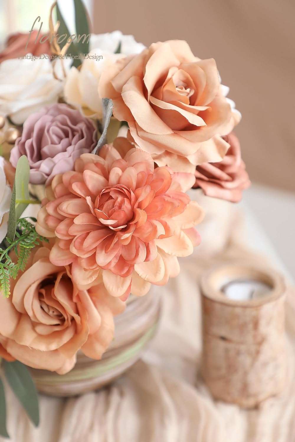 Floroom Terracotta Artificial Flowers Burnt Orange Fake Roses Peonies Dahlia Greenery Combo Box Set for DIY Wedding Bouquets Bridal Shower Centerpieces Floral Arrangements Party Tables Home Decoration