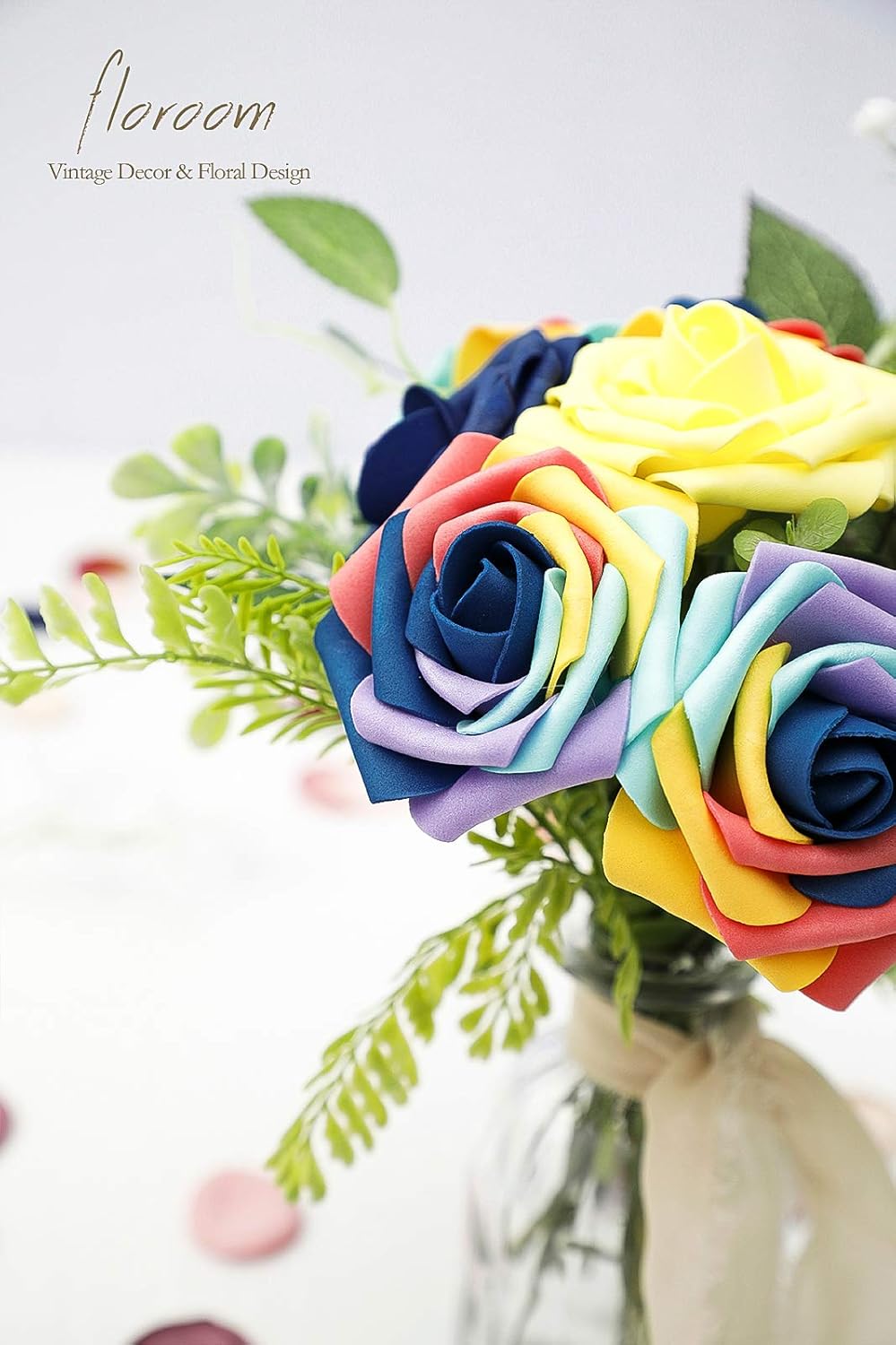 Floroom Artificial Flowers 25pcs Real Looking Whimsical Blue Foam Fake Roses with Stems for DIY Wedding Bouquets Baby Shower Centerpieces Floral Arrangements Party Tables Home Decorations