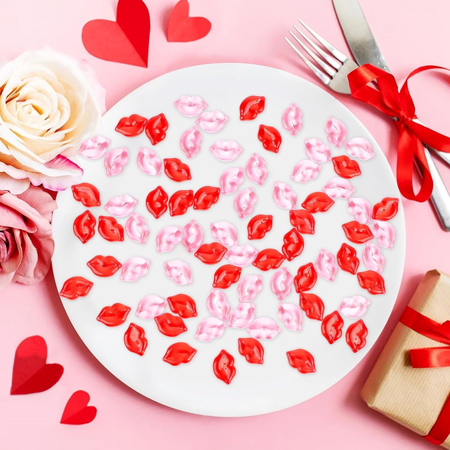 Fangoo 210PCS Red Pink Acrylic Lips Ornaments Mini Acrylic Lips Gems for Valentine Vase Filler Decor for Table Scatter Engagement Valentine's Day Wedding Anniversary Party (RedPink-Lip, 12OZ)