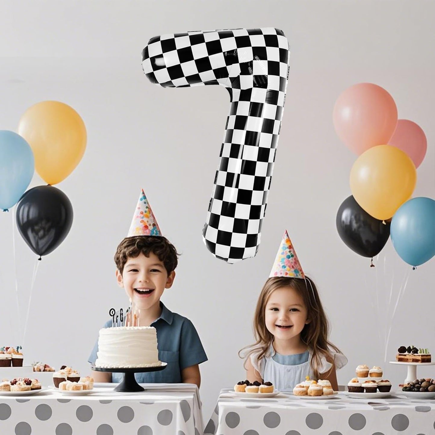 40 Inch Checkered Number Balloon - Race Flag Pattern Big Helium Balloon for Birthday Party Decorations - Black & White Balloon for Kids Adults Party Supplies (Racing Car, Number 7)