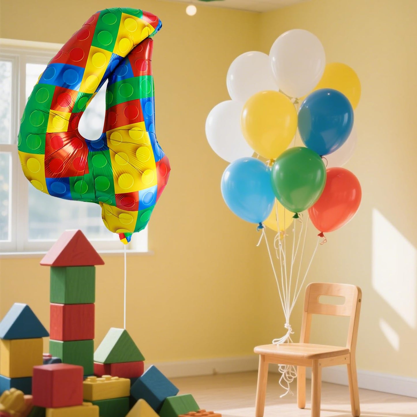 32 Inch Stackable Block Number Balloon – Colorful Brick Building Themed Big Helium Digits for Kids Birthday Party Decorations (Building Block, Number 4)