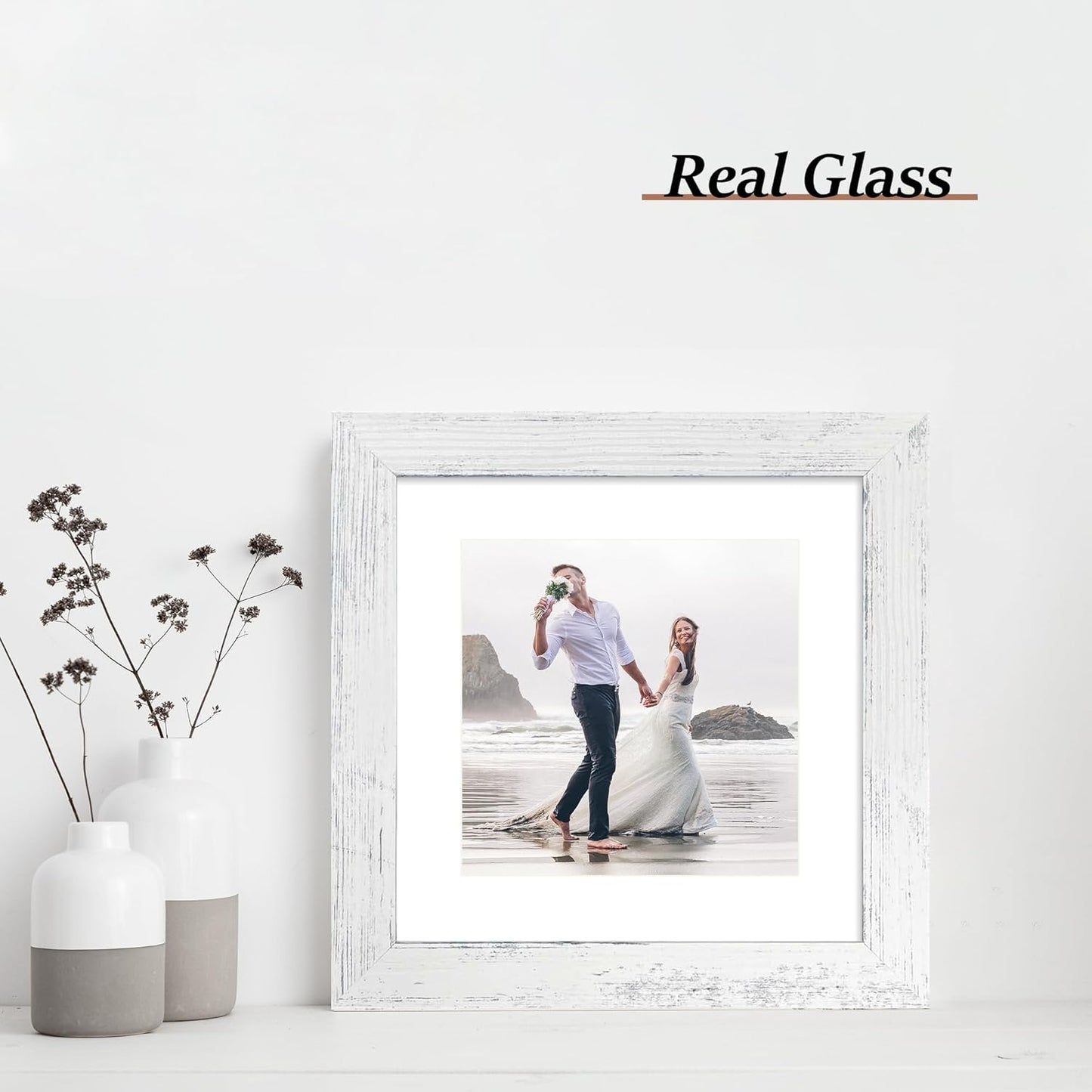 8x8 Picture Frames Set of 4 with Real Glass, Distressed White Frame Display 6x6 Pictures with Mat or 8 x 8 Without Mat, Wood Square Photo Frame for Wall Mount and Tabletop Display