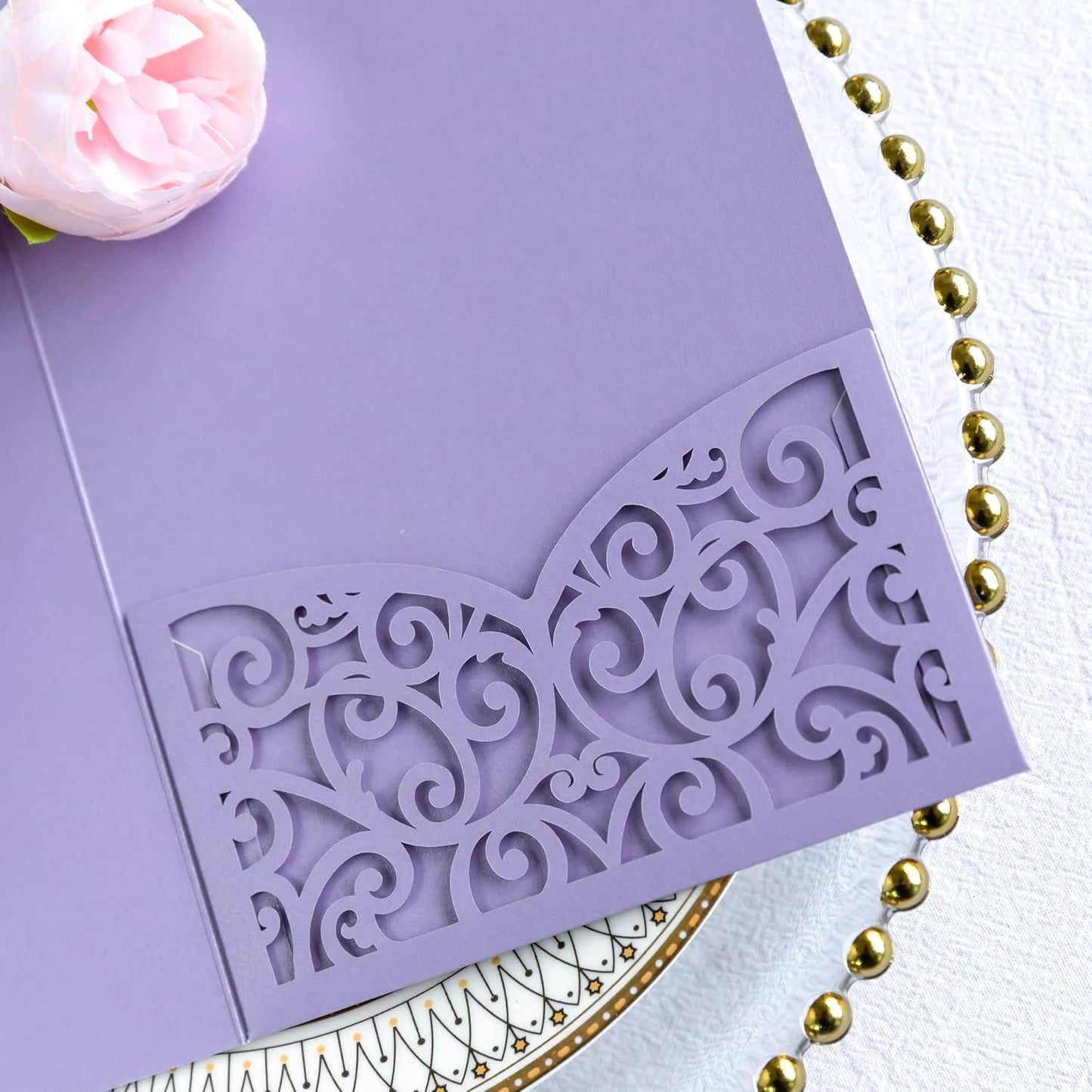 ponatia 20PCS Lilac Quinceanera Invitation Cards, Tri-Fold Laser Cut Wedding Invitations Pockets with Envelopes for 5x7 Wedding Invitation Crads, XV Anos, Baby Shower Party Invite
