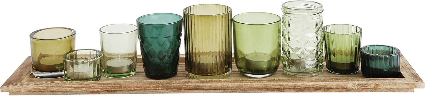 Creative Co-Op Wood Tray with 9 Green Glass Votive Holders