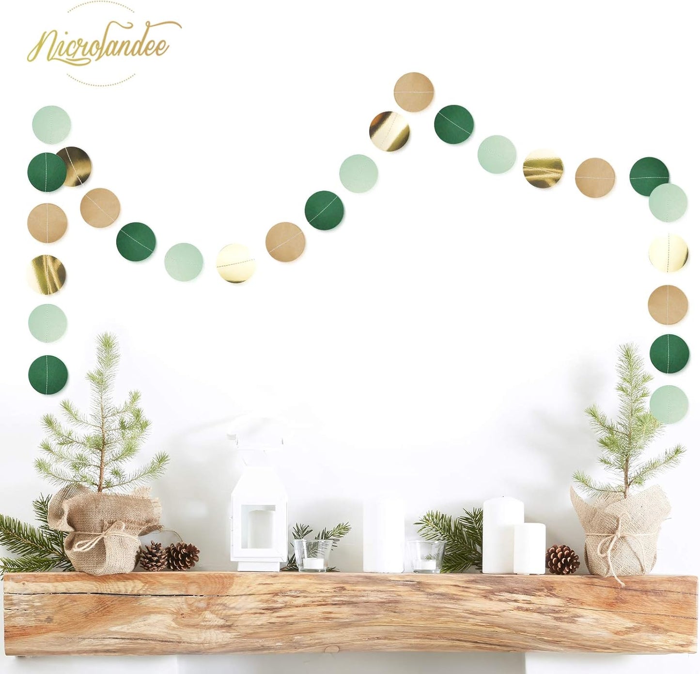 NICROLANDEE Wedding Party Decorations - 3 Pack Sage Green Dots Paper Garland String Hanging Backdrop for St Patricks Day Rustic Wedding, Neutral Baby Shower, Vintage Party, Birthday, Engagement