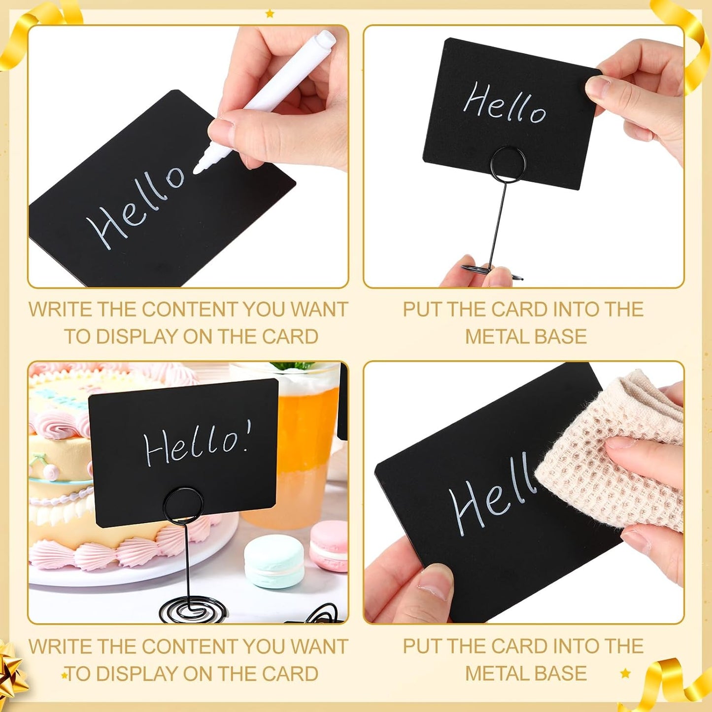 TecUnite 24 Pack Mini Chalkboard Signs, 4"x3" Small Table Place Cards with Metal Stand and 2 Marker Pens Food Labels for Party Buffet, Tabletop Blackboard Signs Name Tags for Wedding Bakery(Black)