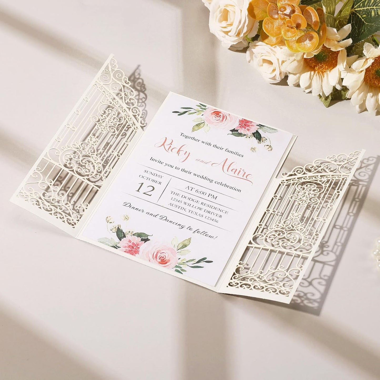 50PCS Gold Glitter Wedding Invitations Laser Cut Invitations with Envelopes and Rsvp Cards Personalized Inserts for Quinceanera Bridal Baby Shower Anniversary Birthday Engagement Fence Fold Design