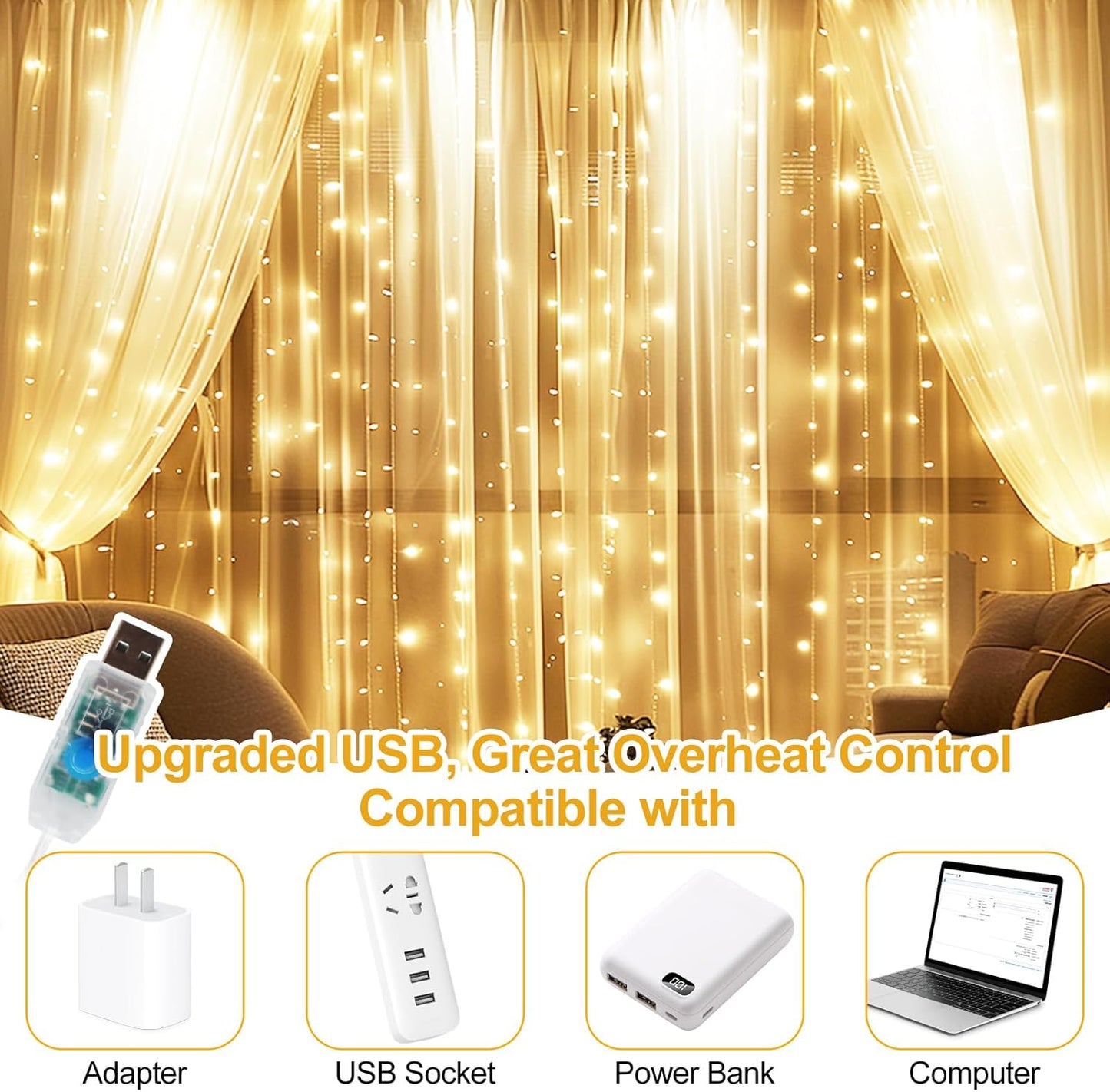 Fairy Curtain Lights Upgraded Tangle-Free Warm White USB Plug in 8 Modes String Hanging Lights with Remote for Christmas, Bedroom, Indoor, Outdoor, Weddings, Party (10FTx8.2FT)