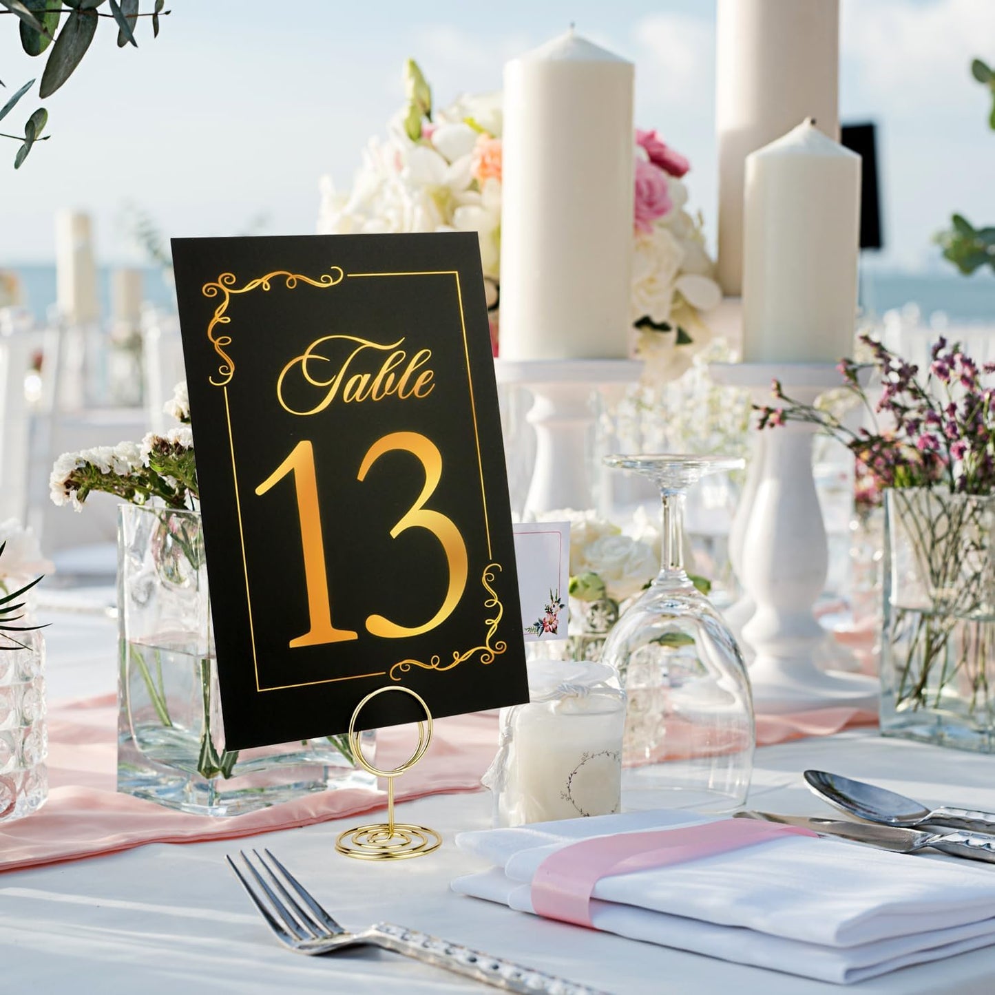 Black Gold Wedding Table Numbers 1-20 With 21 Gold Holders - Set of 21 Table Cards for Wedding Reception