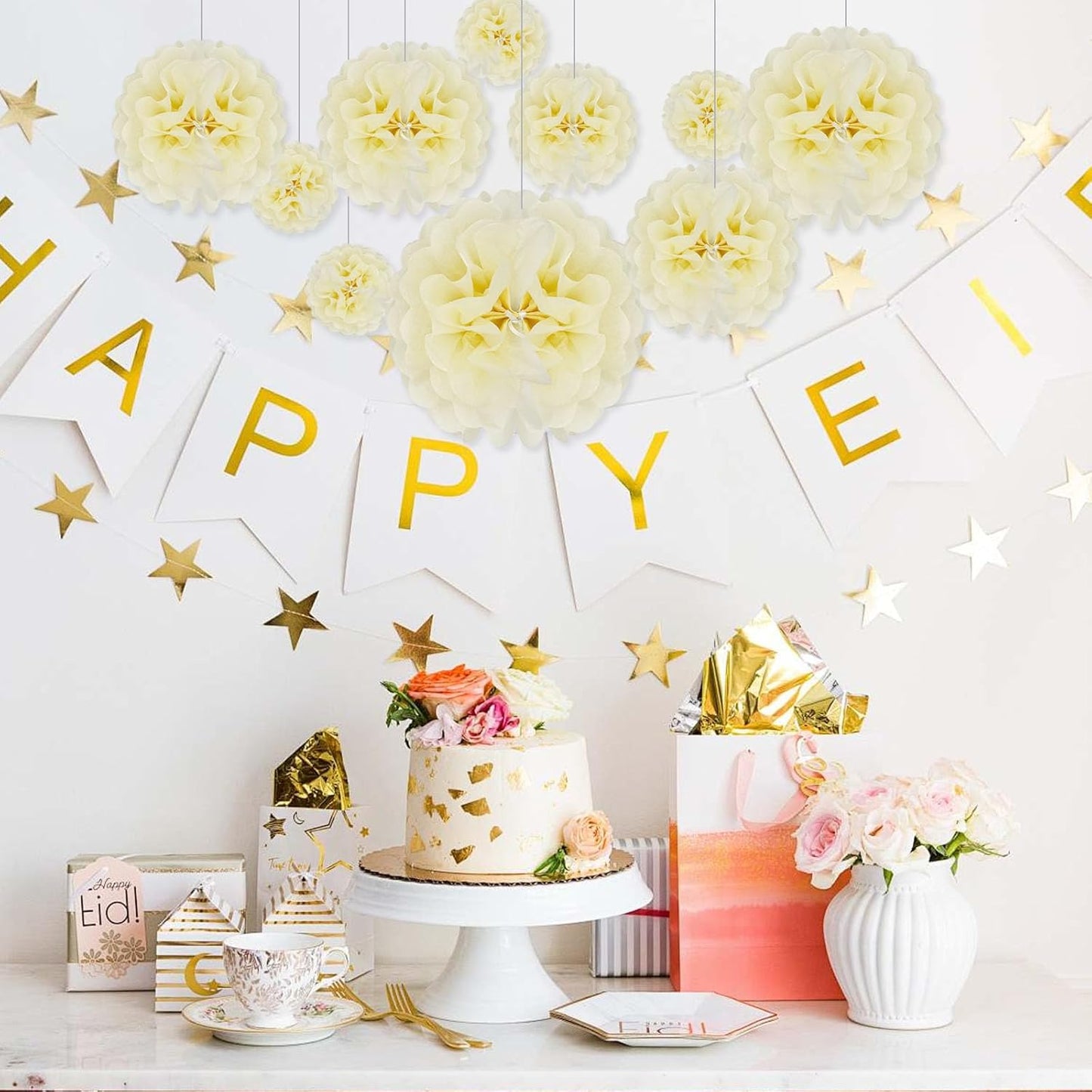 Tissue Paper Pom Poms, Ivory Tissue Paper Flowers, Hanging Flower Balls for Weddings Fiesta Parties Birthday Baby Showers Classroom Bridal Shower Decoration (20Piece Set-6/10/12/14Inch)