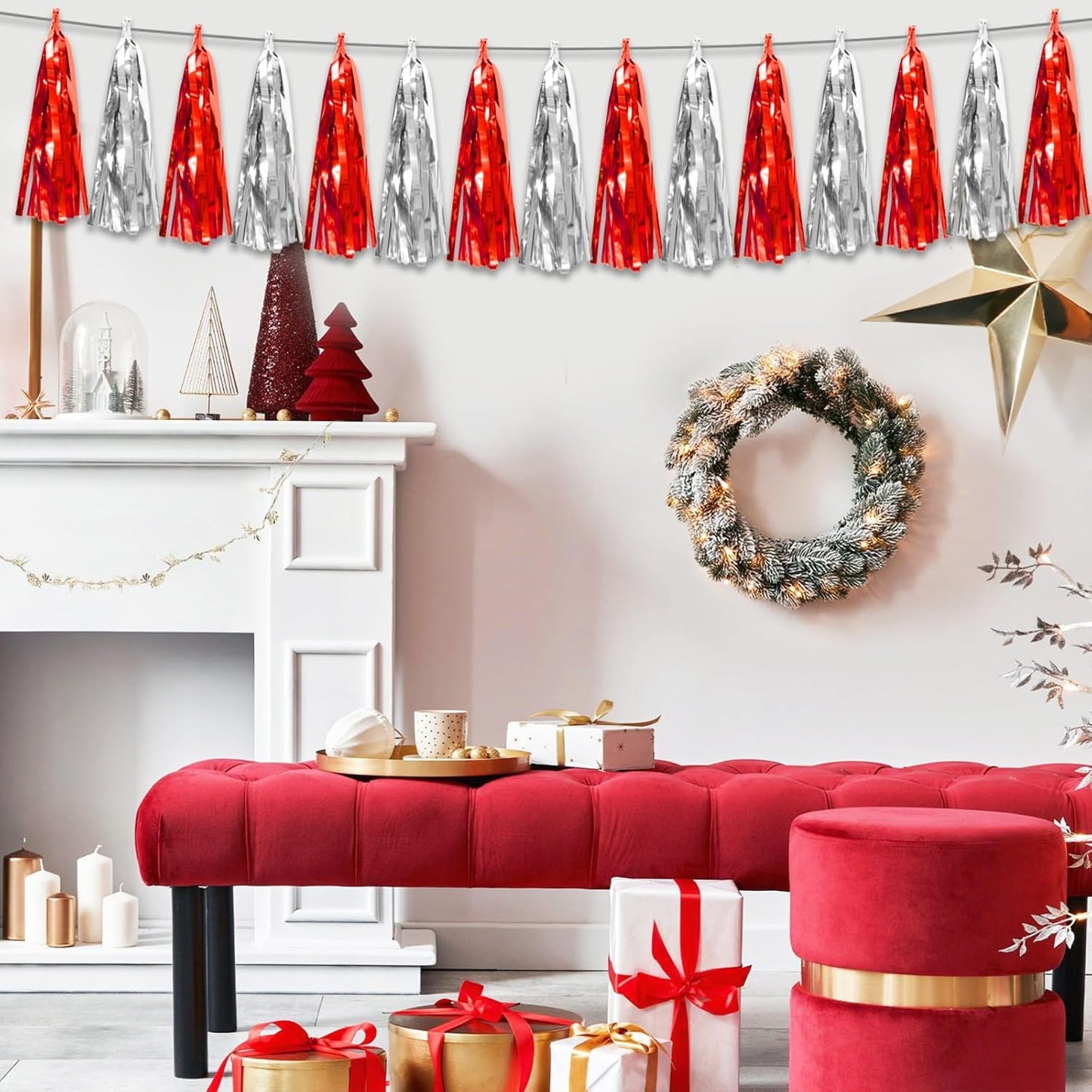 6P Red Silver Foil Fringe Metallic Tassel Streamers Banner Tassel Garland for Parade Floats, Bachelorette, Wedding, Birthday, Graduation, Christmas, Bridal/Baby Shower Party Decorations